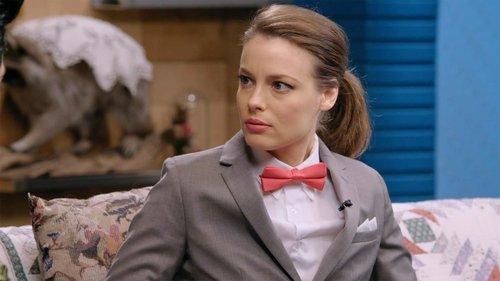 Comedy Bang! Bang! Season 5 Episode 12 - Gillian Jacobs Wears a Gray Checkered Suit and a Red Bow Tie